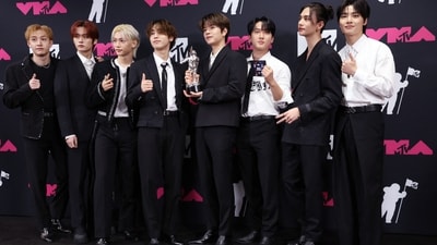Stray Kids poses with the Best K-Pop award for S-Class at the 2023 MTV Video Music Awards.