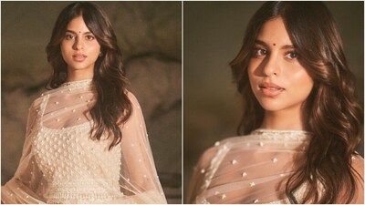 Suhana Khan chose a cream-coloured suit set for the occasion. The ensemble is from the shelves of Falguni Shane Peacock. It features a sleeveless kurta, churidar pants and a matching dupatta. The kurta comes with intricate chikankari embroidery, beaded tassel embellishments, sequin embroidery, a plunging neckline, and a form-fitting silhouette. (Instagram) Suhana Khan chose a cream-coloured suit set for the occasion. The ensemble is from the shelves of Falguni Shane Peacock. It features a sleeveless kurta, churidar pants and a matching dupatta. The kurta comes with intricate chikankari embroidery, beaded tassel embellishments, sequin embroidery, a plunging neckline, and a form-fitting silhouette. (Instagram)