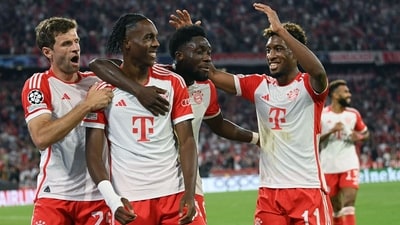 Bayern Munich's French forward #39 Mathys Tel (2nd L) celebrates scoring a goal with his teammates (AFP) Bayern Munich's French forward #39 Mathys Tel (2nd L) celebrates scoring a goal with his teammates (AFP)