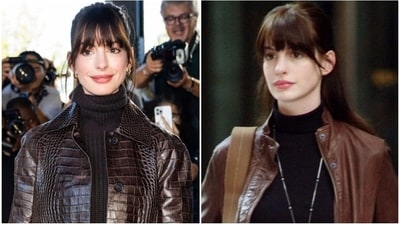 Anne Hathaway at New York Fashion Week in 2022 (left); the actor in a still from her 2006 film Devil Wears Prada (right). Anne Hathaway at New York Fashion Week in 2022 (left); the actor in a still from her 2006 film Devil Wears Prada (right).