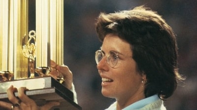 Billie Jean King poses with the trophy after her famous Battle of the Sexes match (X) Billie Jean King poses with the trophy after her famous Battle of the Sexes match (X)