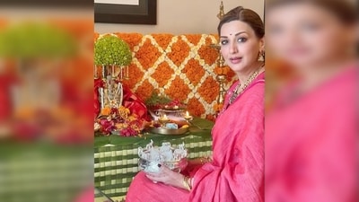 Sonali Bendre and her husband Goldie Behl celebrated the auspicious occasion together. She shared pictures on her Instagram, showing them both offering prayers to a Lord Ganesha idol. (Instagram/@iamsonalibendre) Sonali Bendre and her husband Goldie Behl celebrated the auspicious occasion together. She shared pictures on her Instagram, showing them both offering prayers to a Lord Ganesha idol. (Instagram/@iamsonalibendre)