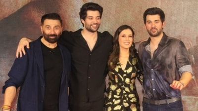 Sunny Deol was joined by his sons Rajveer Deol and Karan Deol as well as his wife Drishya Acharya at the recent Gadar 2 success bash in Mumbai. (FIle Photo) Sunny Deol was joined by his sons Rajveer Deol and Karan Deol as well as his wife Drishya Acharya at the recent Gadar 2 success bash in Mumbai. (FIle Photo)