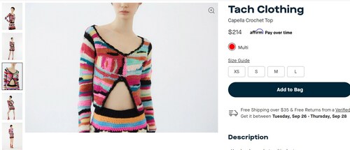Sara's colorful crochet top comes with a price tag of $214, which is equivalent to ₹17,787. (verishop.com) Sara's colorful crochet top comes with a price tag of $214, which is equivalent to ₹17,787. (verishop.com)