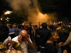 Protesters clash with police as they call on Armenian Prime Minister Nikol Pashinyan to resign in central Yerevan on September 19, 2023. Azerbaijan on September 19, 2023 launched a military operation against the breakaway Nagorno-Karabakh region, warning it would "continue until the end" in the territory, over which it has fought two wars with neighbouring Armenia. 