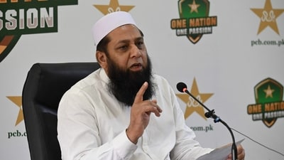 Pakistan's cricket chief selector Inzamam-ul-Haq announces World Cup squad during a press conference at the Gaddafi Stadium in Lahore on September 22, 2023. (AFP)
