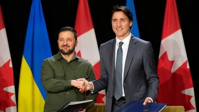Ukraine's President Volodymyr Zelenskyy, left, and Canada Prime Minister Justin Trudeau (AP) Ukraine's President Volodymyr Zelenskyy, left, and Canada Prime Minister Justin Trudeau (AP)
