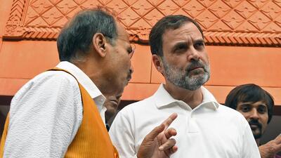 Congress MP Rahul Gandhi along with Leader of Congress in Lok Sabha Adhir Ranjan Chowdhury at Parliament Building on Thursday (ANI ) Congress MP Rahul Gandhi along with Leader of Congress in Lok Sabha Adhir Ranjan Chowdhury at Parliament Building on Thursday (ANI )