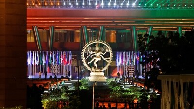 The Nataraja, a statue of Hindu lord Shiva as the cosmic dancer, installed next to 'Bharat Mandapam', the main venue of the G20 Summit, is pictured in Delhi. (Reuters)