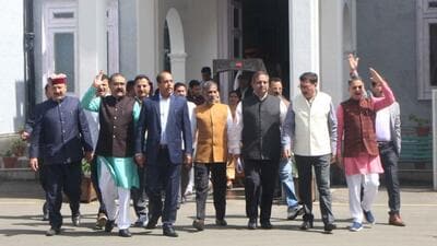 Leader of Opposition and former chief minister Jai Ram Thakur, along with other Opposition leaders staging a walkout from the Himachal assembly on Friday. (Deepak Sansta/HT) Leader of Opposition and former chief minister Jai Ram Thakur, along with other Opposition leaders staging a walkout from the Himachal assembly on Friday. (Deepak Sansta/HT)