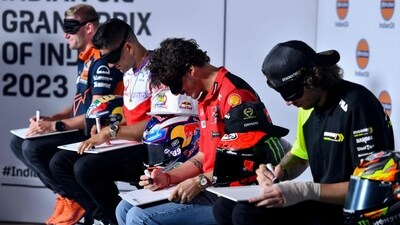 Riders during a press conference ahead of the Indian MotoGP Grand Prix at the Buddh International Circuit in Greater Noida. (AFP) Riders during a press conference ahead of the Indian MotoGP Grand Prix at the Buddh International Circuit in Greater Noida. (AFP)