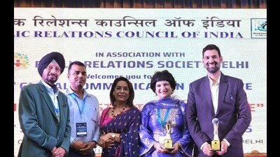 Members of the Chandigarh chapter of the Public Relations Council of India after receiving the awards in Delhi on Friday. (HT Photo)