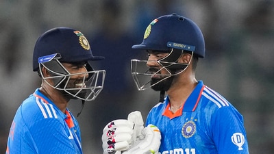 India were then shaken by a flurry of wickets. Adam Zampa broke the opening stand by dismissing Gaikwad after which Shreyas Iyer was run out. Gill then fell to Zampa of course and India thus lost three wickets between the 22nd and 24th overs. Ishan Kishan then fell to Pat Cummins in 33rd but Rahul and Suryakumar Yadav then brought the chase back on track. (PTI) India were then shaken by a flurry of wickets. Adam Zampa broke the opening stand by dismissing Gaikwad after which Shreyas Iyer was run out. Gill then fell to Zampa of course and India thus lost three wickets between the 22nd and 24th overs. Ishan Kishan then fell to Pat Cummins in 33rd but Rahul and Suryakumar Yadav then brought the chase back on track. (PTI)