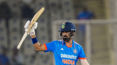 Rahul stayed and finished the job with a four and a six off consecutive balls in the 49th over. He got this 15th ODI half century in the process and finished the match unbeaten on 58 off 63 balls. (PTI) Rahul stayed and finished the job with a four and a six off consecutive balls in the 49th over. He got this 15th ODI half century in the process and finished the match unbeaten on 58 off 63 balls. (PTI)