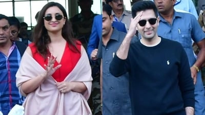 Parineeti Chopra and Raghav Chadha outside the Udaipur airport. Parineeti Chopra and Raghav Chadha outside the Udaipur airport.