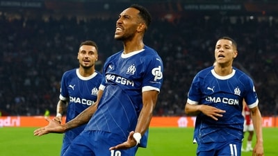 Europa League - Group B - Ajax Amsterdam v Olympique de Marseille -Pierre-Emerick Aubameyang celebrates scoring their third goal (REUTERS)