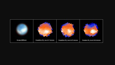 This graphic shows a map of Europa’s surface with NIRCam (Near Infrared Camera) on NASA’s James Webb Space Telescope in the first panel and compositional maps derived from Webb’s NIRSpec/IFU (Near Infrared Spectrograph’s Integral Field Unit) data in the following three panels. (Science Credit: Geronimo Villanueva (NASA/GSFC), Samantha Trumbo (Cornell Univ.), NASA, ESA, CSA. Image Processing Credit: Geronimo Villanueva (NASA/GSFC), Alyssa Pagan (STScI)) This graphic shows a map of Europa’s surface with NIRCam (Near Infrared Camera) on NASA’s James Webb Space Telescope in the first panel and compositional maps derived from Webb’s NIRSpec/IFU (Near Infrared Spectrograph’s Integral Field Unit) data in the following three panels. (Science Credit: Geronimo Villanueva (NASA/GSFC), Samantha Trumbo (Cornell Univ.), NASA, ESA, CSA. Image Processing Credit: Geronimo Villanueva (NASA/GSFC), Alyssa Pagan (STScI))