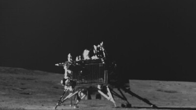Vikram lander on Earth's moon as clicked by the navigation camera onboard the Pragyan rover. (@isro) Vikram lander on Earth's moon as clicked by the navigation camera onboard the Pragyan rover. (@isro)