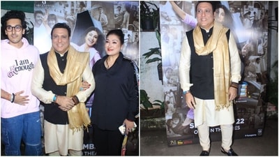 Govind graced the occasion by arriving with his wife and son. Govind donned an ethnic look with a beige sherwani, and black waistcoat paired with a golden duppta. While his wife Sunita Ahuja kept it simple in a black satin shirt and trousers. His son Yashvardan wore a light pink hoodie and a blue denim jacket. (HT Photo/VarinderChawla) Govind graced the occasion by arriving with his wife and son. Govind donned an ethnic look with a beige sherwani, and black waistcoat paired with a golden duppta. While his wife Sunita Ahuja kept it simple in a black satin shirt and trousers. His son Yashvardan wore a light pink hoodie and a blue denim jacket. (HT Photo/VarinderChawla)