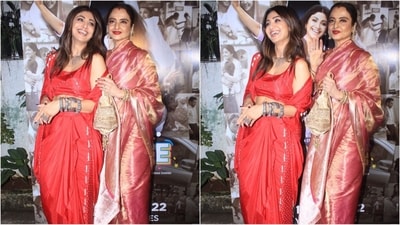 The timeless Rekha graced the event in a beautiful silk saree. Her saree comes in a light pink shade embellished with golden borders. She draped it around her in an elegant manner. She styled her look with a golden potli bag, bangles stacked on her wrist and statement earrings. With bright red lipstick, kohl eyes and rosy cheeks, Rekha looked stunning. (HT Photo/VarinderChawla) The timeless Rekha graced the event in a beautiful silk saree. Her saree comes in a light pink shade embellished with golden borders. She draped it around her in an elegant manner. She styled her look with a golden potli bag, bangles stacked on her wrist and statement earrings. With bright red lipstick, kohl eyes and rosy cheeks, Rekha looked stunning. (HT Photo/VarinderChawla)