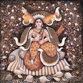 This painting by Jayasri Burman is an acrylic work on a 7x7ft canvas.