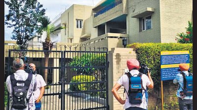 A confiscation notice outside the house of Gurpatwant Singh Pannu on Saturday. (PTI)