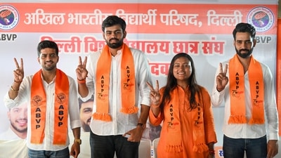 (From L to R) Tushar Dedha, Presidential Candidate, Sushant Dhankar Vice President Candidate, Aprajita, Secretary Candidate Sachin Baisla Joint Secretary Candidate from ABVP for upcoming DUSU Elections addressing a press conference at DDU Marg in New Delhi, India, on Friday, September 15, 2023. (Photo by Sanchit Khanna/ Hindustan Times) (From L to R) Tushar Dedha, Presidential Candidate, Sushant Dhankar Vice President Candidate, Aprajita, Secretary Candidate Sachin Baisla Joint Secretary Candidate from ABVP for upcoming DUSU Elections addressing a press conference at DDU Marg in New Delhi, India, on Friday, September 15, 2023. (Photo by Sanchit Khanna/ Hindustan Times)