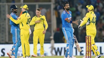 India's KL Rahul and Ravindra Jadeja shakes hands with Australian players after the 1st ODI in Mohali. (ANI) India's KL Rahul and Ravindra Jadeja shakes hands with Australian players after the 1st ODI in Mohali. (ANI)