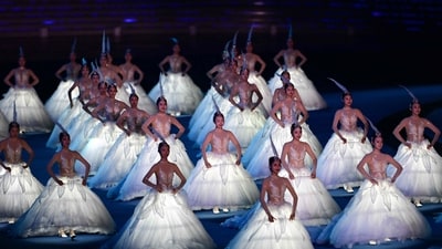 Performers take part in the opening ceremony of the Asian Games at the Hangzhou Olympic Sports Centre Stadium in Hangzhou (AFP)