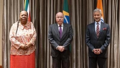 Brazil FM Mauro Vieira (Centre), India FM S Jaishankar (right) and South Africa FM Naledi Pandor (left) on UNGA78 sidelines (Twitter/@DrSJaishankar) Brazil FM Mauro Vieira (Centre), India FM S Jaishankar (right) and South Africa FM Naledi Pandor (left) on UNGA78 sidelines (Twitter/@DrSJaishankar)