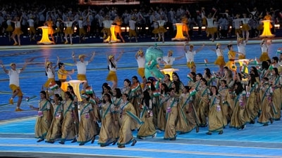 Team Indian enters the arena during the opening ceremony of the 19th Asian Games in Hangzhou, China (AP)