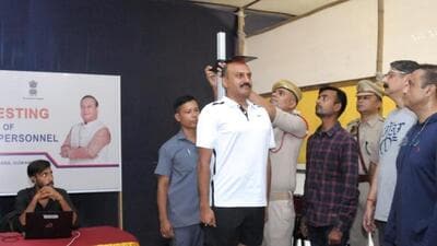 Director general of Assam Police, Gyanendra Pratap Singh going through BMI test in Guwahati on August 16 (HT Photo) Director general of Assam Police, Gyanendra Pratap Singh going through BMI test in Guwahati on August 16 (HT Photo)