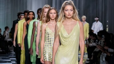 Gigi Hadid leads other models as they wear creations as part of the Versace women's Spring Summer 2024 collection presented in Milan, Italy. (AP Photo/Antonio Calanni) Gigi Hadid leads other models as they wear creations as part of the Versace women's Spring Summer 2024 collection presented in Milan, Italy. (AP Photo/Antonio Calanni)