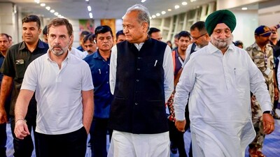 Ashok Gehlot, the Chief Minister of Rajasthan, Sukhjinder Randhawa, who oversees Congress affairs in the state, and Govind Singh Dotasra, the state unit chief of the party, welcomed Rahul Gandhi at the Jaipur airport.&nbsp; (PTI)