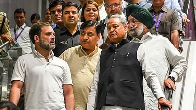 Rajasthan Chief Minister Ashok Gehlot with Congress leader Rahul Gandhi, AICC in-charge of Rajasthan Sukhjinder Singh Randhawa, the party's state President Govind Singh Dotasra and others in Jaipur on Saturday. (PTI)