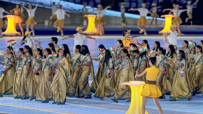 The Indian contingent during the opening ceremony of the 19th Asian Games at the Hangzhou Olympic Sports Centre Stadium, in Hangzhou, China (PTI)