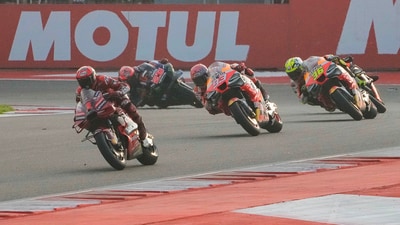 Ducati Lenovo Team Italian rider Francesco Bagnaia (1), Repsol Honda Team Spanish rider Marc Marquez (93), Repsol Honda Team Spanish rider Joan Mir (36), Monster Energy Yamaha MotoGP Team French rider Fabio Quartararo (20) during the sprint race at the Grand Prix of India (PTI)