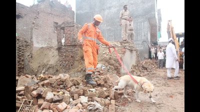 Police said all seven people were trapped under the debris and were rescued after a three-hour operation by police and disaster rescue personnel on Saturday afternoon. (Sakib Ali/ HT Photo) Police said all seven people were trapped under the debris and were rescued after a three-hour operation by police and disaster rescue personnel on Saturday afternoon. (Sakib Ali/ HT Photo)