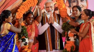 Prime Minister Narendra Modi interacted with 5,000 women at the Nari Shakti Vandan programme at Sampurnanand Sanskrit University ground in Varanasi on Saturday. (PTI) Prime Minister Narendra Modi interacted with 5,000 women at the Nari Shakti Vandan programme at Sampurnanand Sanskrit University ground in Varanasi on Saturday. (PTI)