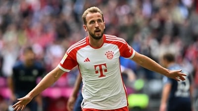 Bayern Munich's English forward #09 Harry Kane celebrates after scoring the 2-0 goal during the German first division Bundesliga football match between 1. FC Bayern Munich and VfL Bochum (AFP)