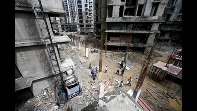 The accident took place on September 15, morning at the construction site of Amrapali Dream Valley Society (Phase-2) in Techzone-4, said police. (Sunil Ghosh/HT Photo) The accident took place on September 15, morning at the construction site of Amrapali Dream Valley Society (Phase-2) in Techzone-4, said police. (Sunil Ghosh/HT Photo)