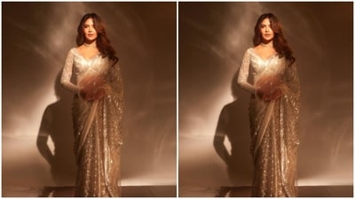 Esha Gupta looked like a dream in the silver saree featuring sequined silver zari details throughout. She teamed her saree with a matching full-sleeve blouse with a plunging neckline. (Instagram/@egupta) Esha Gupta looked like a dream in the silver saree featuring sequined silver zari details throughout. She teamed her saree with a matching full-sleeve blouse with a plunging neckline. (Instagram/@egupta)