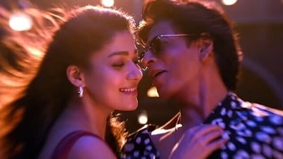 Nayanthara and Shah Rukh Khan in a still from Jawan. Nayanthara and Shah Rukh Khan in a still from Jawan.