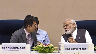 Prime Minister Narendra Modi and Chief Justice of India (CJI) Justice DY Chandrachud interact during the International Lawyers' Conference 2023 at Vigyan Bhawan, in New Delhi, Saturday, Sept. 23, 2023. (PTI) Prime Minister Narendra Modi and Chief Justice of India (CJI) Justice DY Chandrachud interact during the International Lawyers' Conference 2023 at Vigyan Bhawan, in New Delhi, Saturday, Sept. 23, 2023. (PTI)