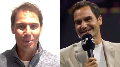 Rafael Nadal poses a cheeky question to Roger Federer during Laver Cup