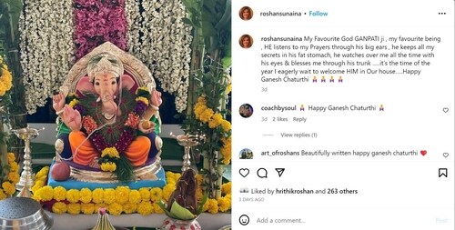 Sunaina Roshan shares glimpse of Ganesh Chaturthi celebration. Sunaina Roshan shares glimpse of Ganesh Chaturthi celebration.