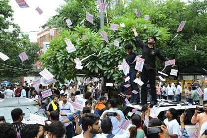 Confetti, crackers, and dhol were all part of the counting day. (Manoj Verma/HT) Confetti, crackers, and dhol were all part of the counting day. (Manoj Verma/HT)