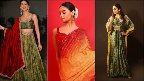Alia Bhatt, Huma Qureshi and Sanjana Sanghi in stunning ethnic ensembles showcasing the mesmerising combination of red, yellow and green shades (Instagram) Alia Bhatt, Huma Qureshi and Sanjana Sanghi in stunning ethnic ensembles showcasing the mesmerising combination of red, yellow and green shades (Instagram)