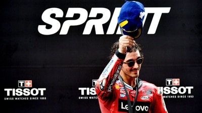 Ducati Lenovo Team rider Francesco Bagnaia celebrates after securing second position in the sprint race during the Indian MotoGP Grand Prix at the Buddh International Circuit in Greater Noida (Rahul Singh) Ducati Lenovo Team rider Francesco Bagnaia celebrates after securing second position in the sprint race during the Indian MotoGP Grand Prix at the Buddh International Circuit in Greater Noida (Rahul Singh)