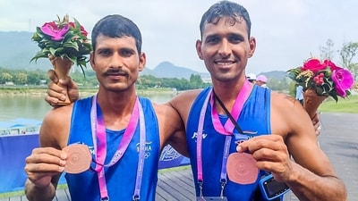 India's Lekh Ram and Babu Lal Yadav clinched a bronze medal in the men's pair final of the 19th Asian Games 2023, in Hangzhou on Sunday. (Team India) India's Lekh Ram and Babu Lal Yadav clinched a bronze medal in the men's pair final of the 19th Asian Games 2023, in Hangzhou on Sunday. (Team India)
